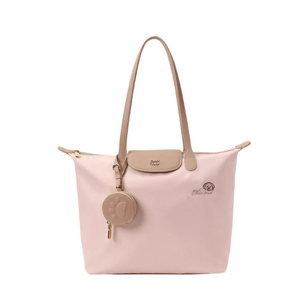Beige and Pink Oxford cloth tote shoulder bag with sandwich pocket and large capacity.
