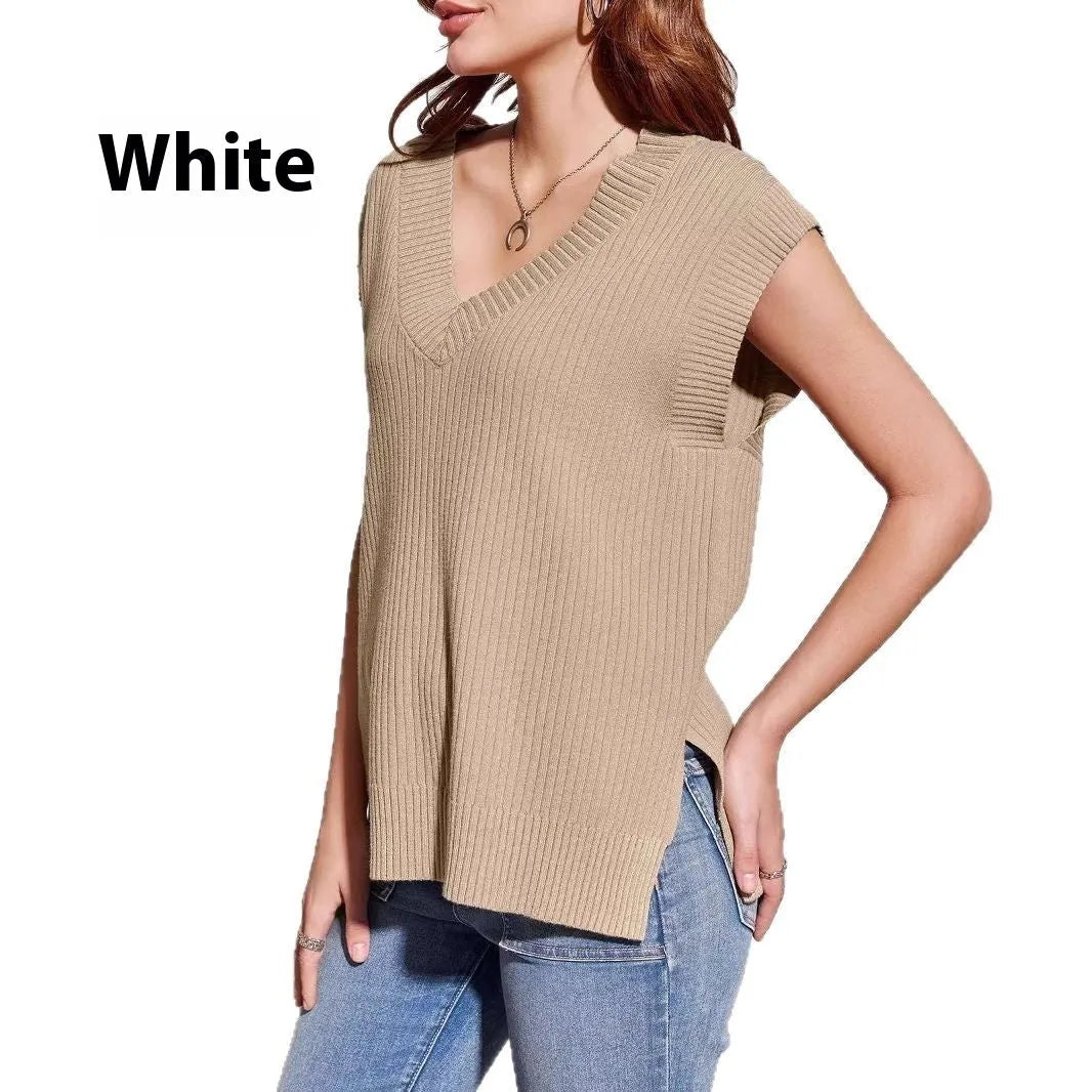 V-neck sleeveless loose pullover vest in camel colour with folding design details