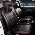 Single-piece cow leather car seat cover in binding style, shown in beige and black with red colour options.