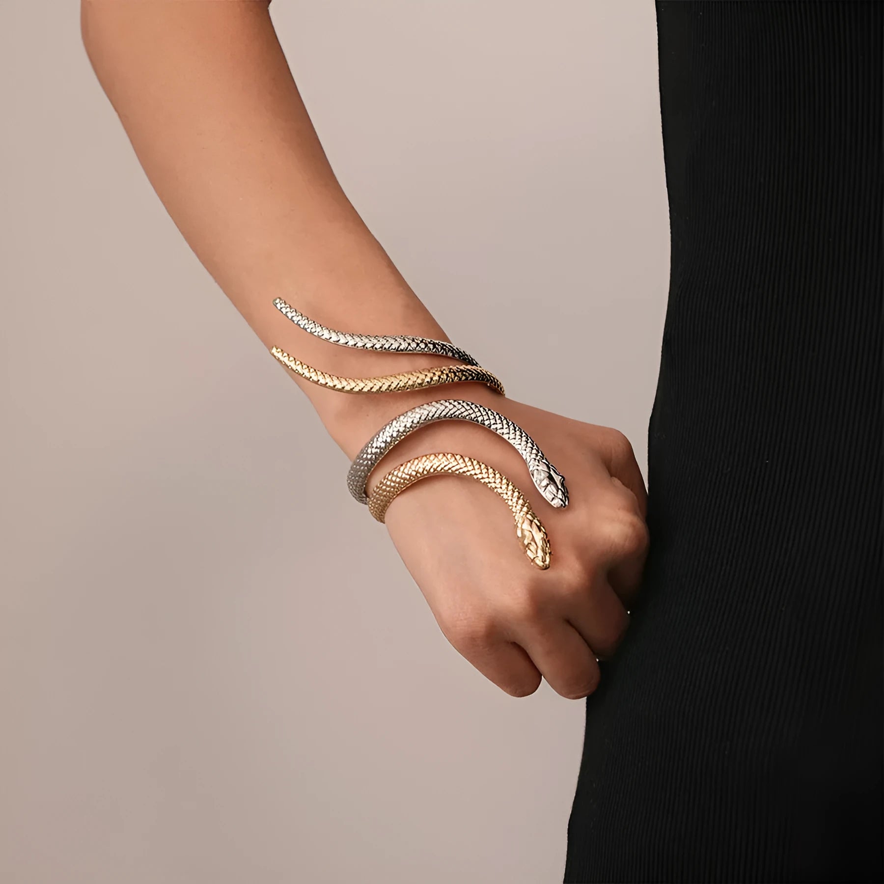 Simulated snake opening ring bracelet two-piece set with exaggerated twisted winding design