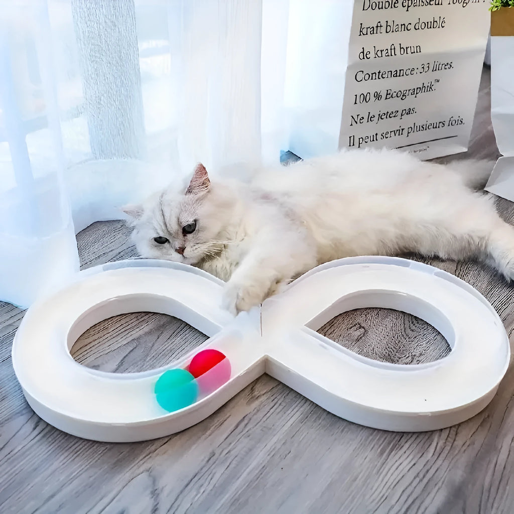 Blue and white interactive cat toy turntable with ball track and teasing stick on floor