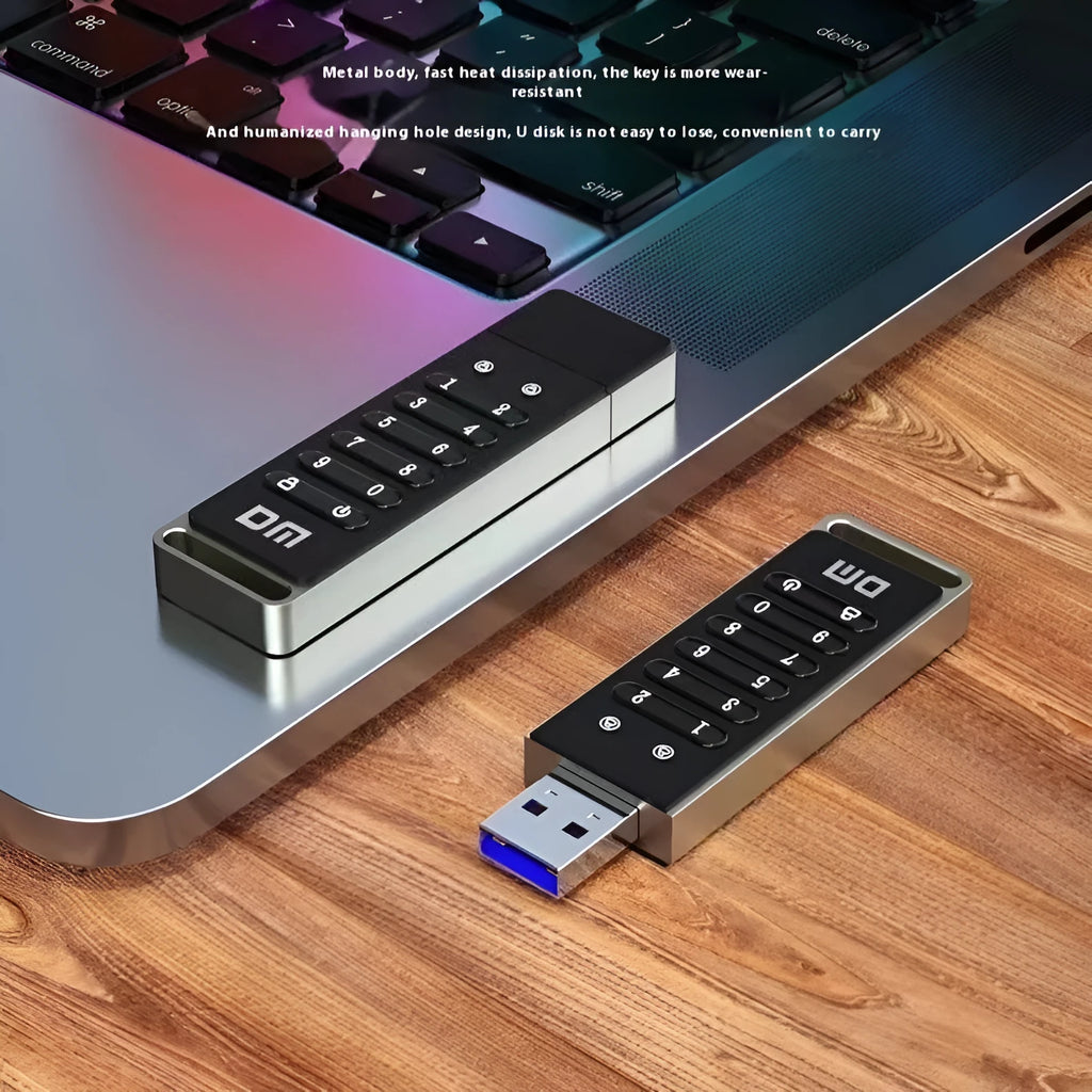 Metal USB flash drive with fingerprint scanner showing 64GB capacity and USB 3.0 connection