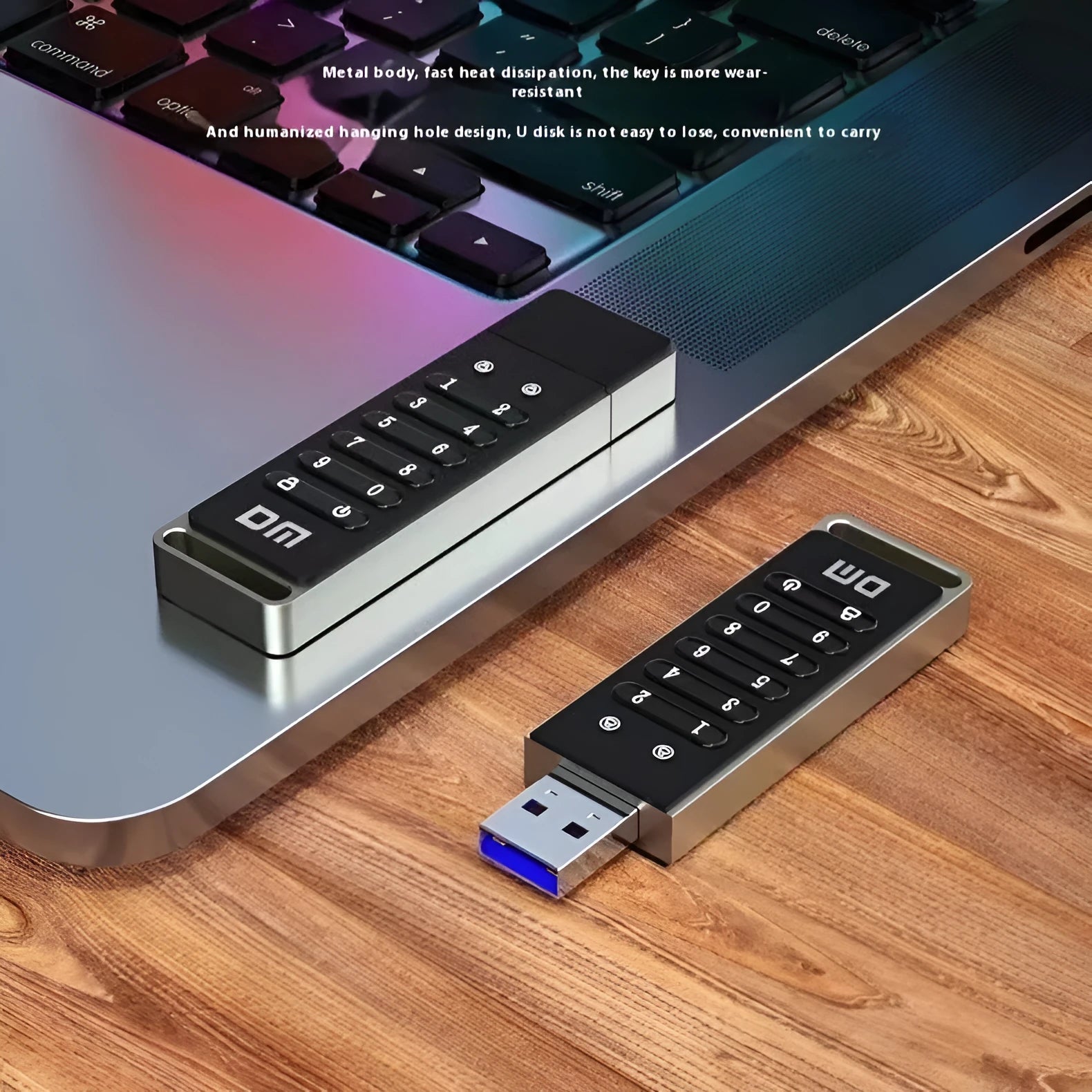 Metal USB flash drive with fingerprint scanner showing 64GB capacity and USB 3.0 connection