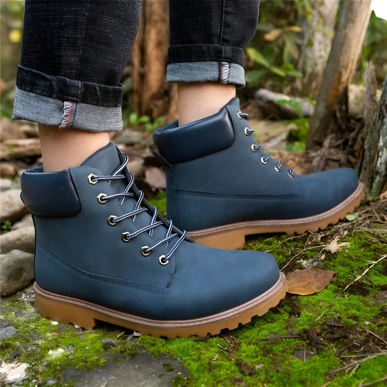 Men's pink high-top Martin boots with round toe and front lace-up on a flat bottom.