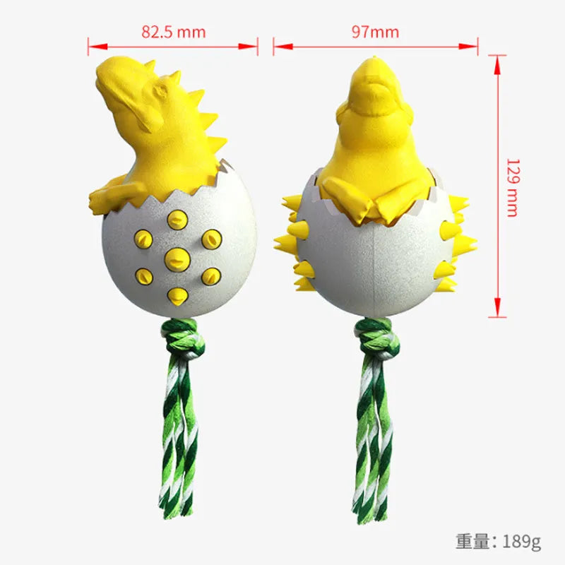 Durable dinosaur design dog chew toy with rope in blue, green, orange, or yellow colours