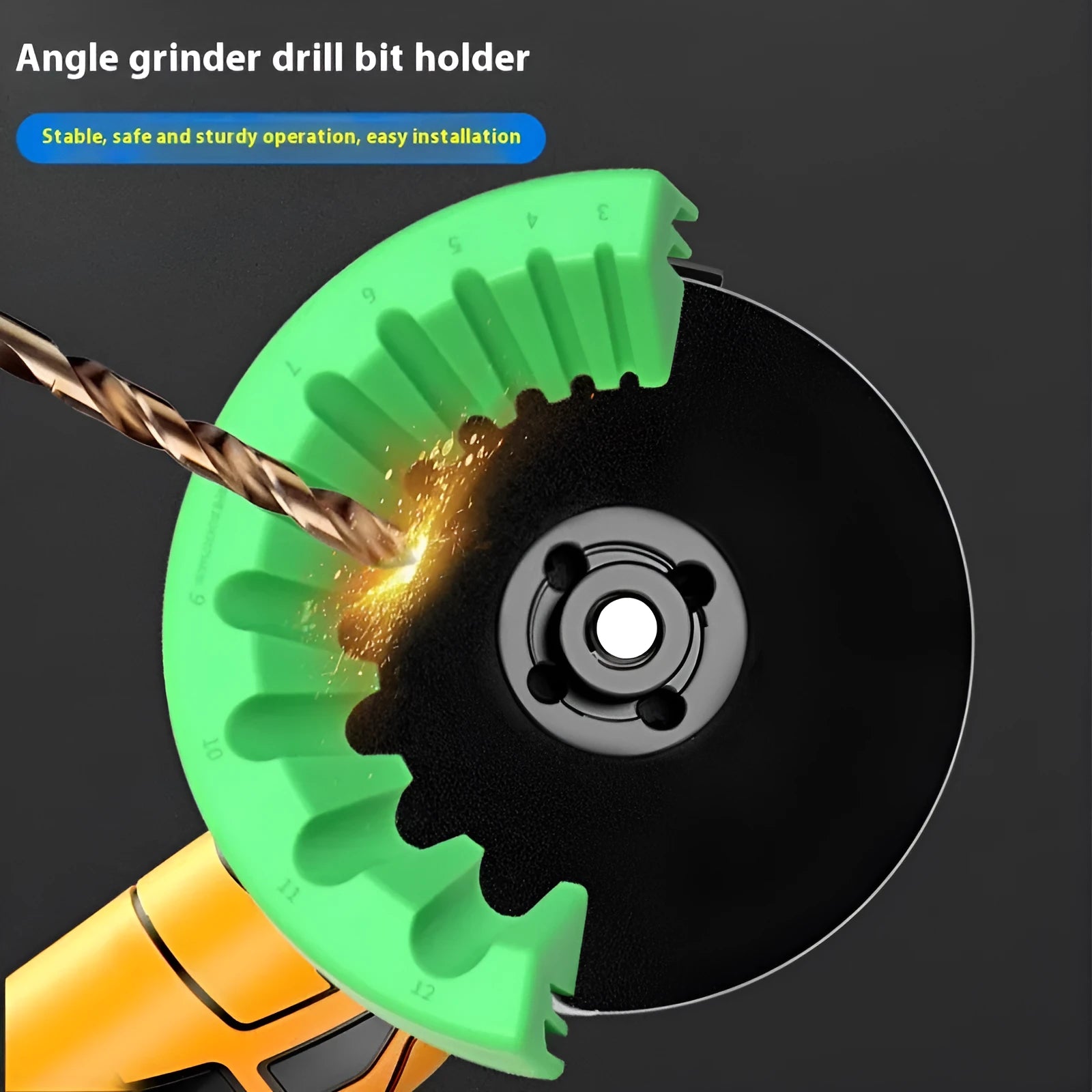 Angle grinder grinding bit bracket holder in yellow, green, and black colour options for 3-12mm bits