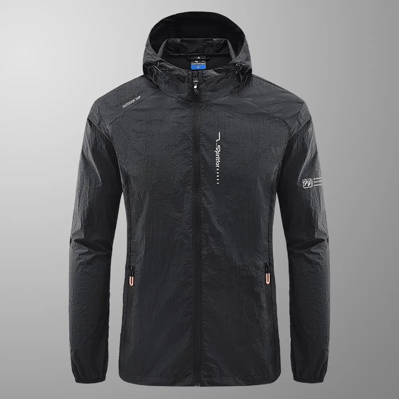 Lightweight men's hooded nylon summer jacket in loose fit on a hanger.