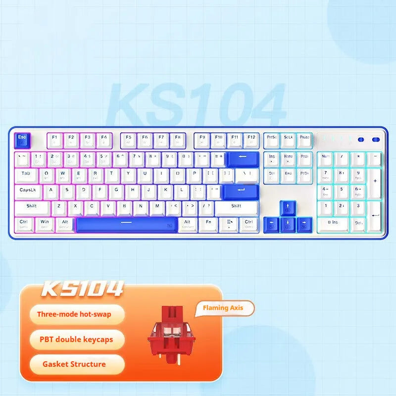 Three-mode mechanical keyboard with 104 keys in various colour options on a desk