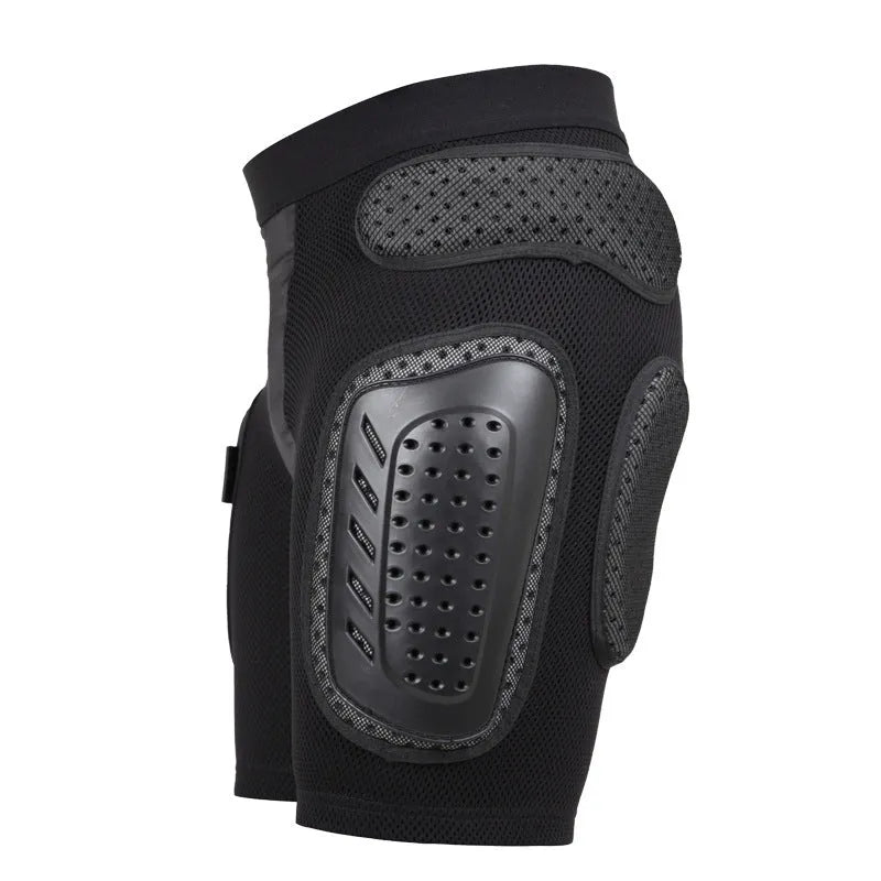 Black cycling hip protection pants showing hip padding areas and four size options