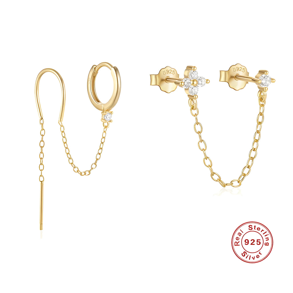 S925 sterling silver geometric ear studs with flower and tassel chain design in gold electroplated finish