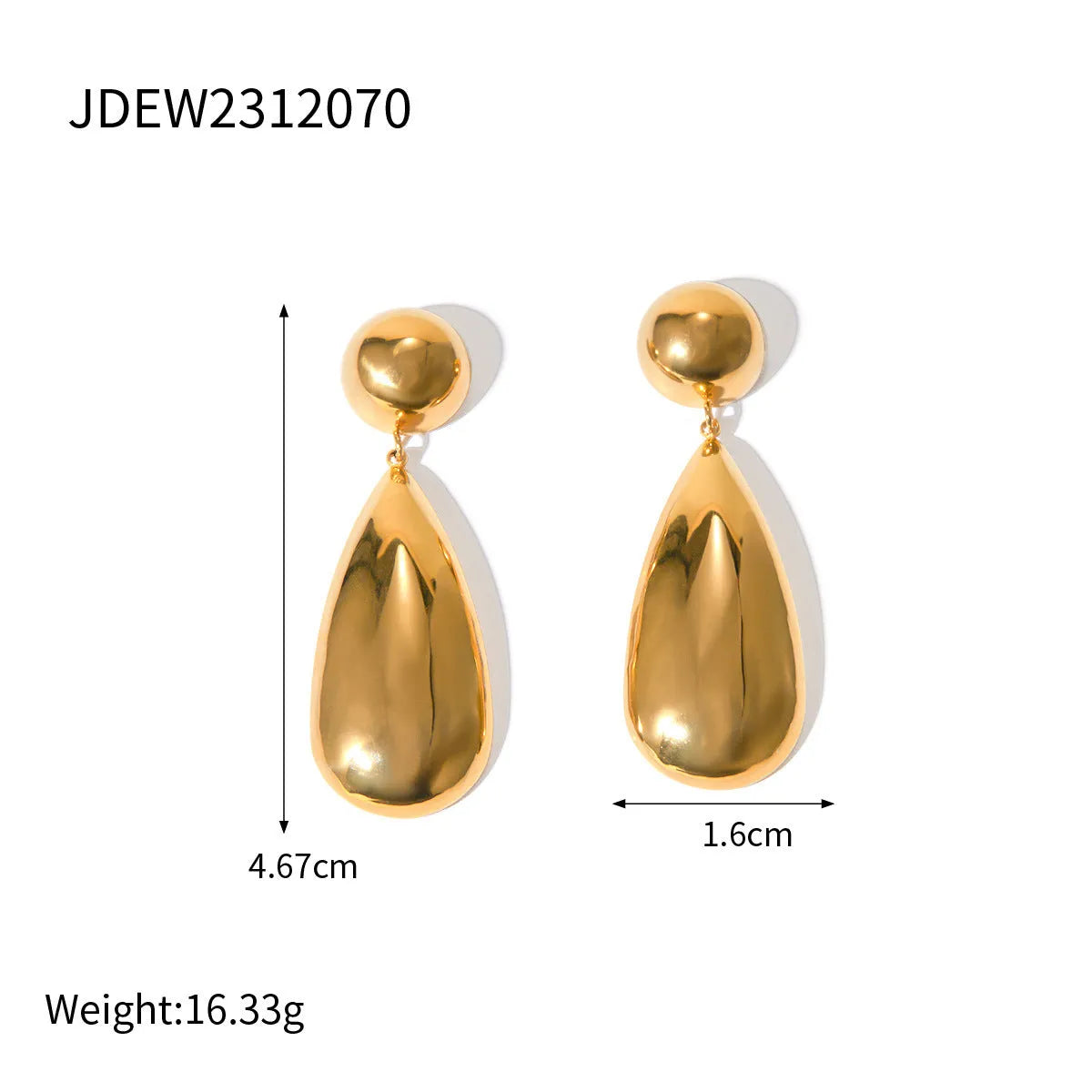 Gold electroplated stainless steel earrings with geometric hemisphere and water droplet pendant design