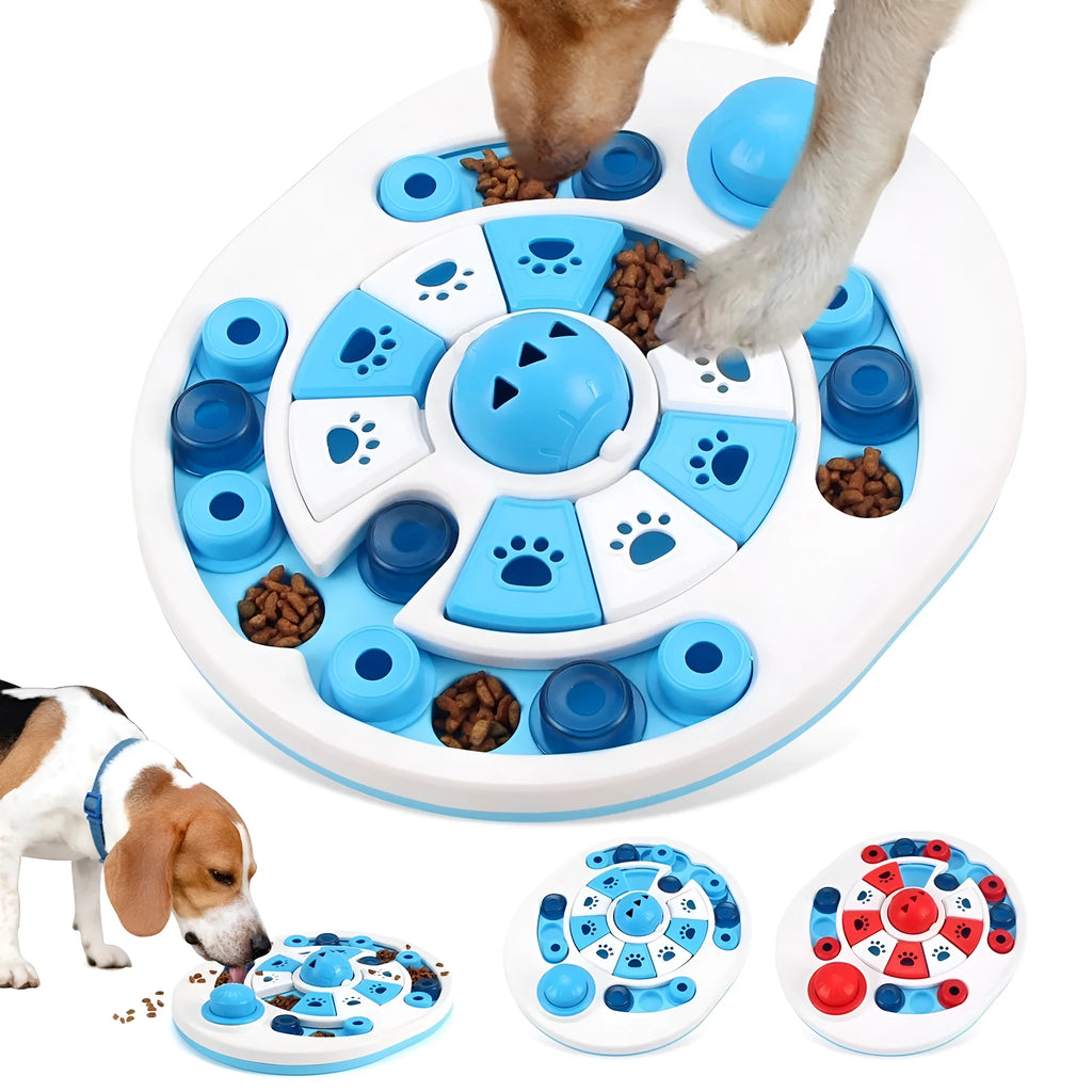 Dog puzzle toy with 24 hidden food compartments and spherical bells in blue colour option