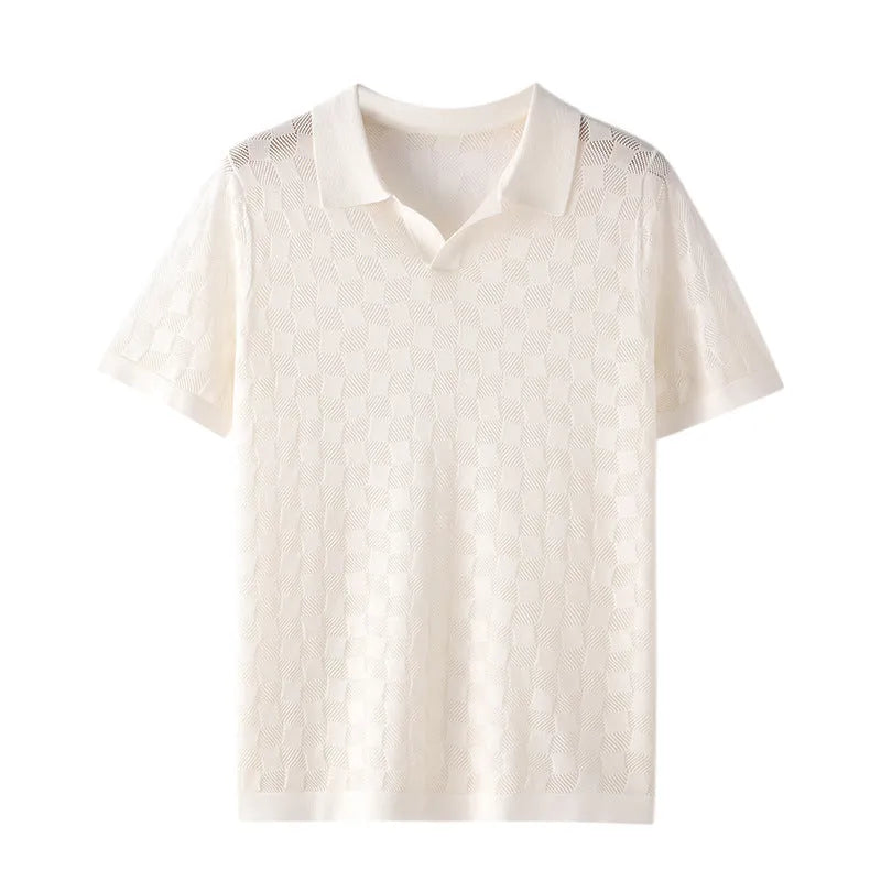 Man's short sleeve lapel sweater in Mulberry Silk, solid colour with Jacquard pattern