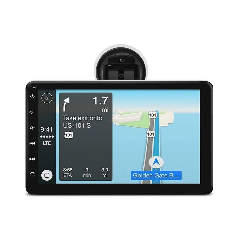 7 inch wireless CarPlay car GPS navigator with reversing camera on a universal suction cup bracket.