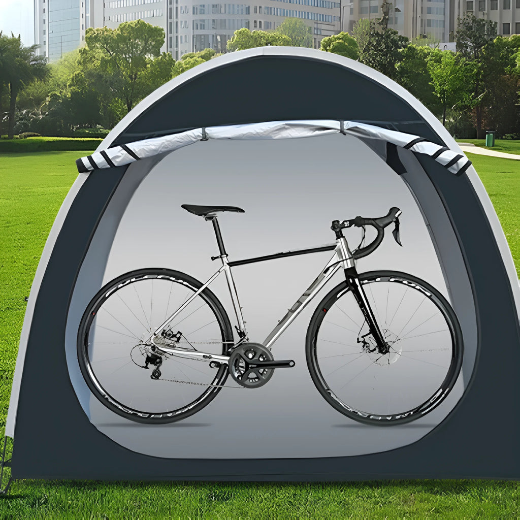 Large black outdoor bicycle storage tent sheltering multiple bikes