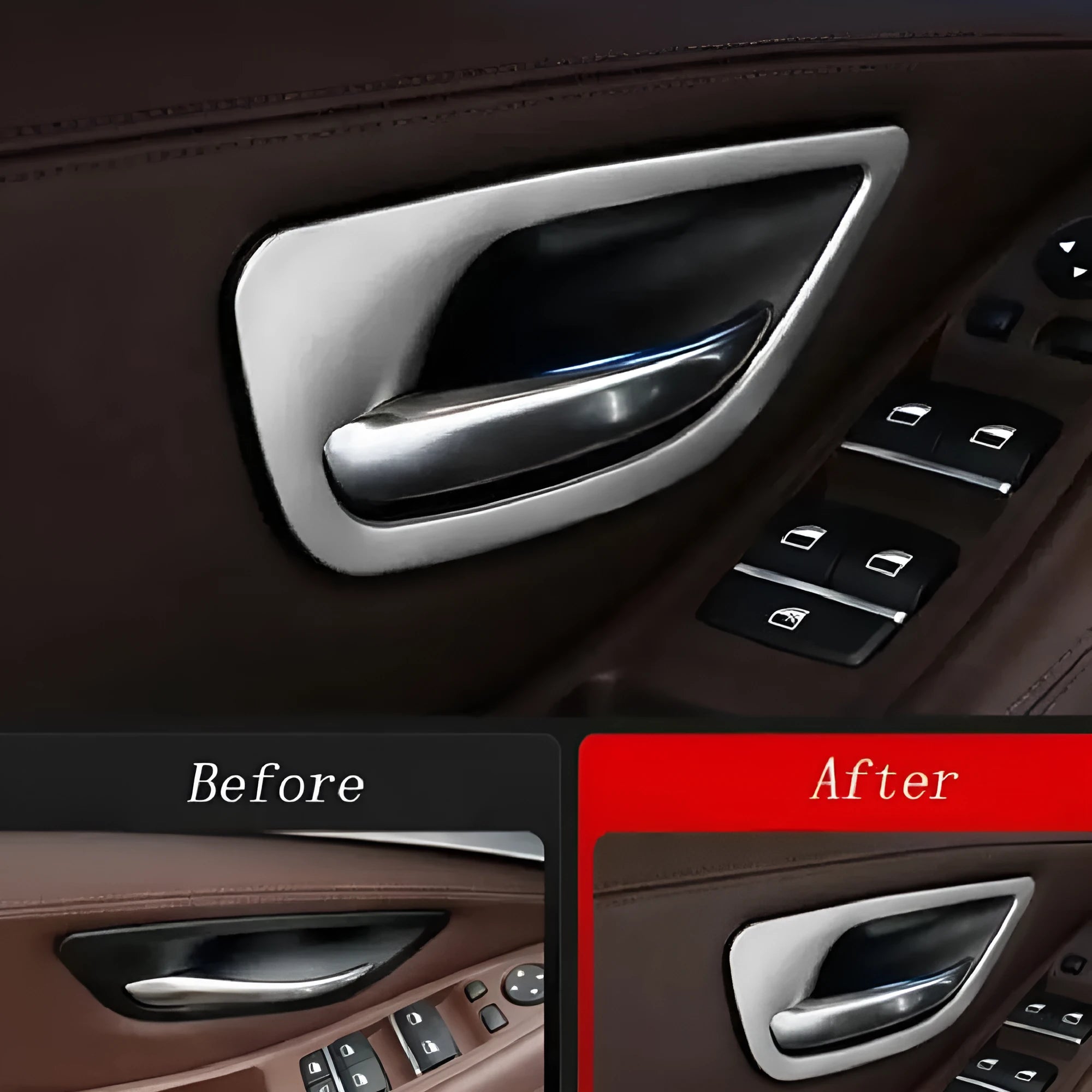 Set of four ABS stainless steel decorative trim strips for BMW 5 Series F10 F11 interior door handles.