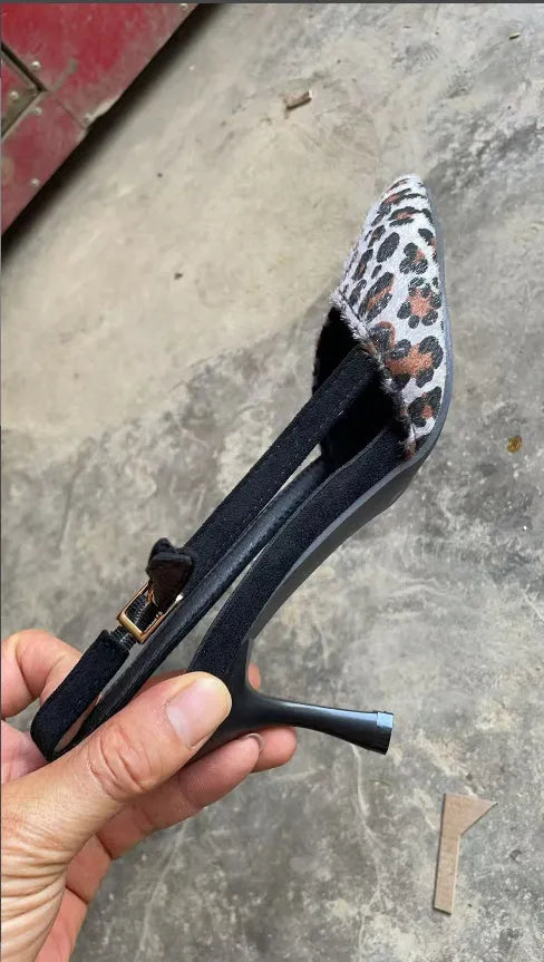 Women's leopard print suede sandals with pointed toe and scattered pattern detailing