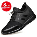 Men's black casual shoes with chunky heel for invisible height increase, shown in leather, Lycra and mesh options.