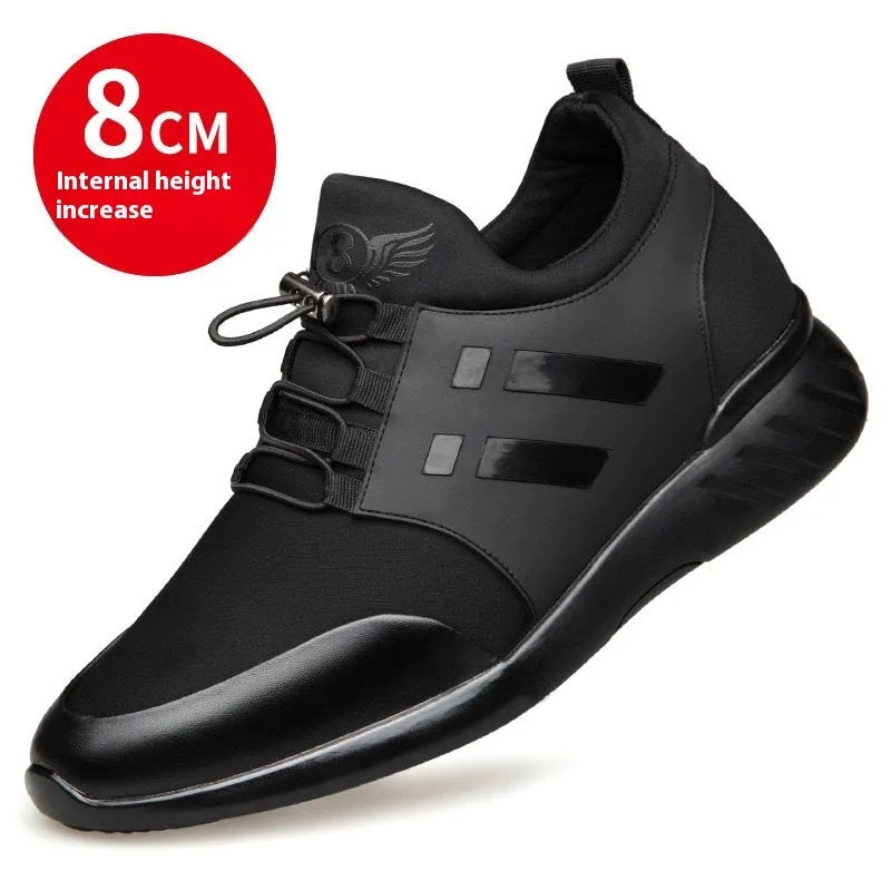 Men's black casual shoes with chunky heel for invisible height increase, shown in leather, Lycra and mesh options.