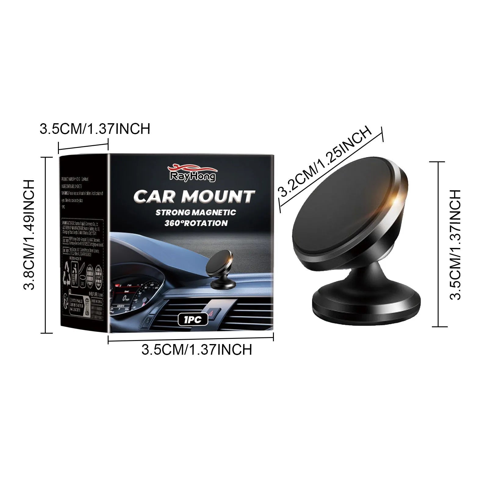 Magnetic car foldable phone holder in black ABS with dimensions 3.2x3.5cm on a car dashboard