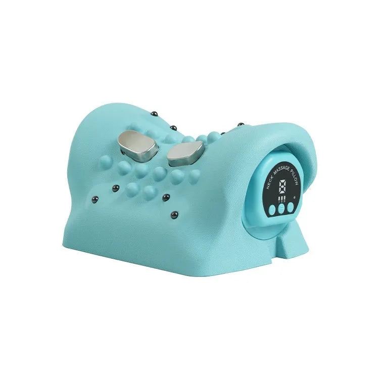 Blue-green cervical spine massage pillow showing compact 17cm design with EMS and hot compress functions