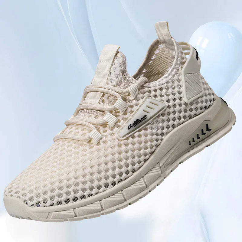 Men's beige casual sneaker with synthetic leather upper and lace-up front on a light background