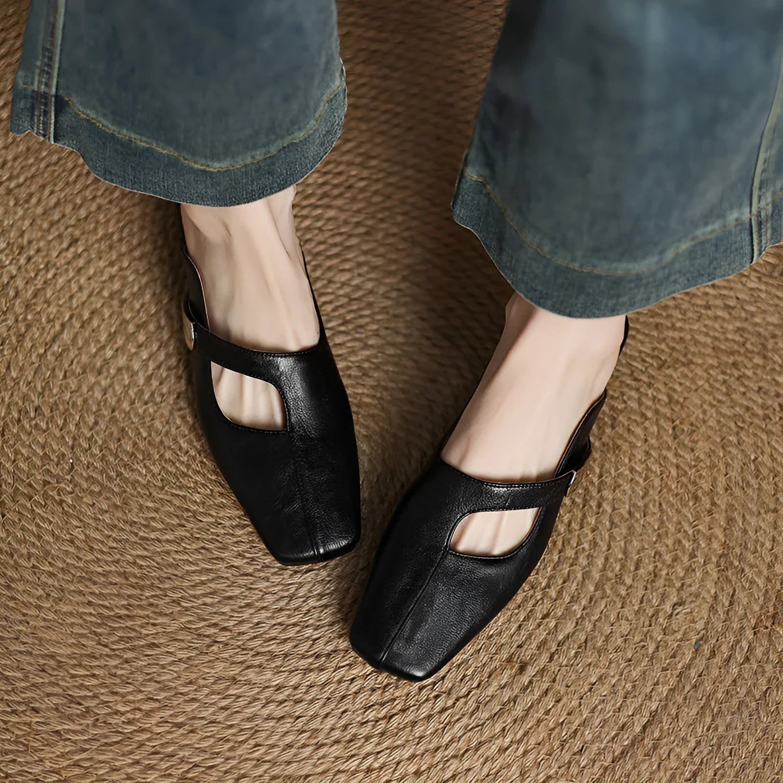 British style square toe leisure slippers in black, beige, and silver colours with low heel design