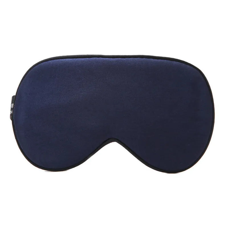 Double-sided mulberry silk eye mask showing embroidered print, in 22cm by 11cm size.