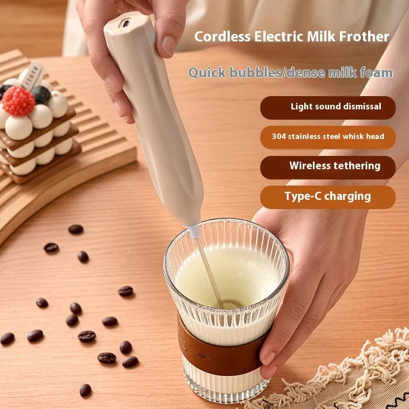 Electric mini mixer milk frother with 304 stainless steel attachment and three-speed control in beige