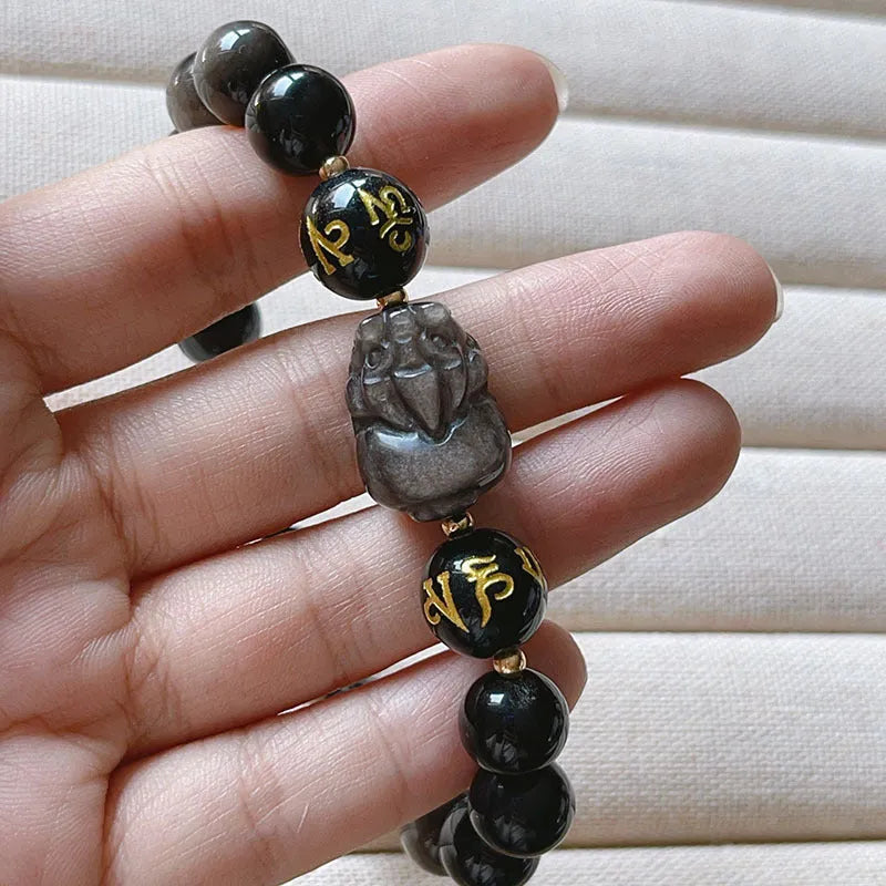 Men's silver stone bracelet with Chinese beaded design featuring zodiac symbols