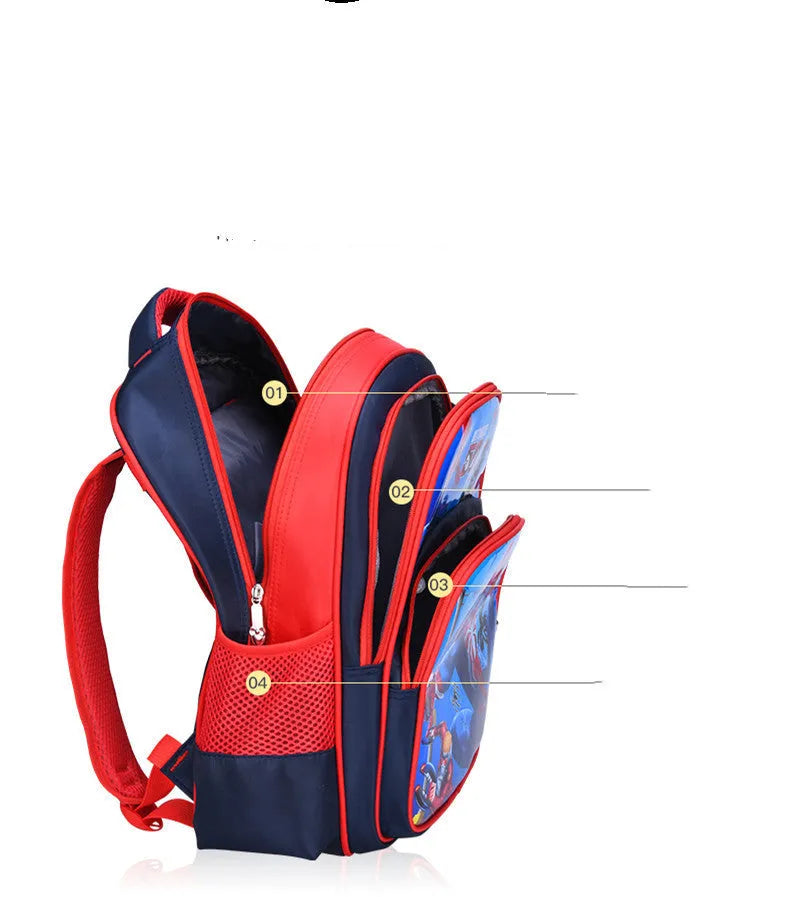 Blue children's cartoon print school backpack with pencil case, shown with dimensions 30cm by 14cm by 42cm.