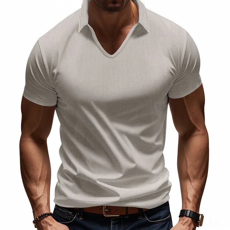 Men's V-neck loose fit short sleeve T-shirt in polyester cotton blend fabric