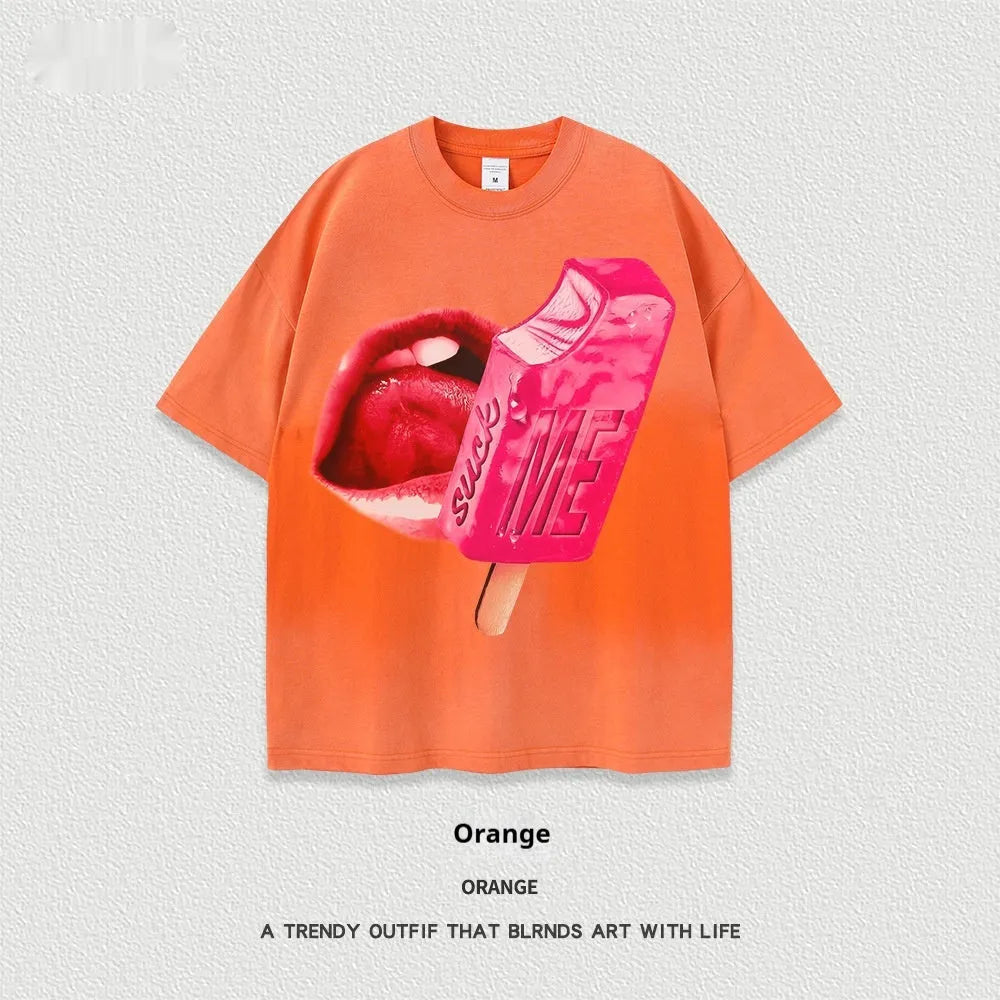 A loose-fitting heavy washed cotton t-shirt with a cartoon print, shown in a selection of available colours.