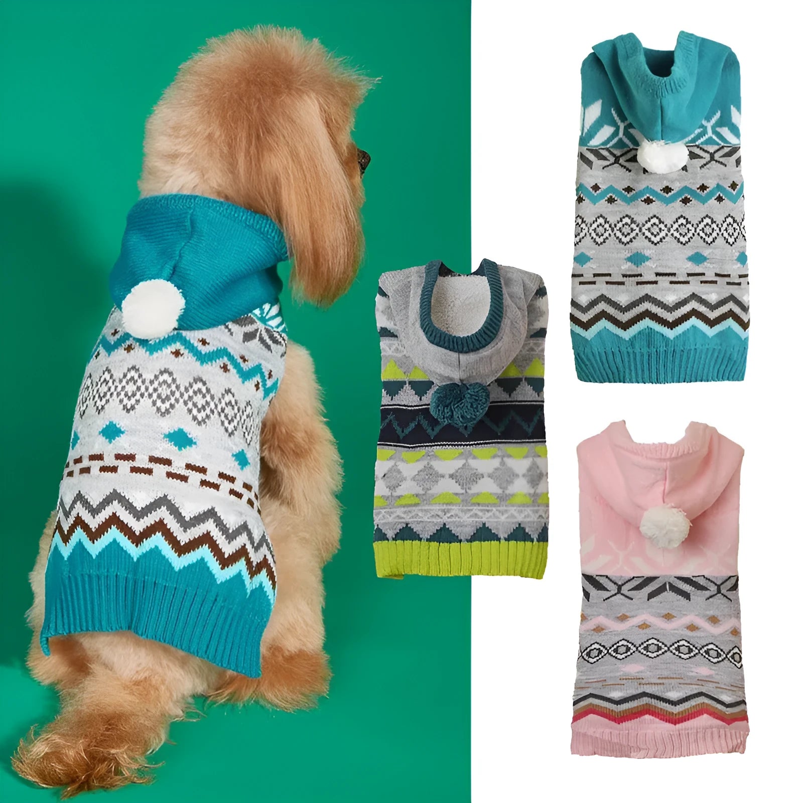 Classic diamond pattern acrylic pet sweater for dogs and cats in blue, green or pink
