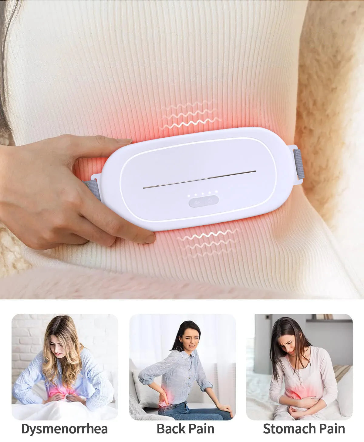 White handheld uterine warming device with control buttons for heat settings