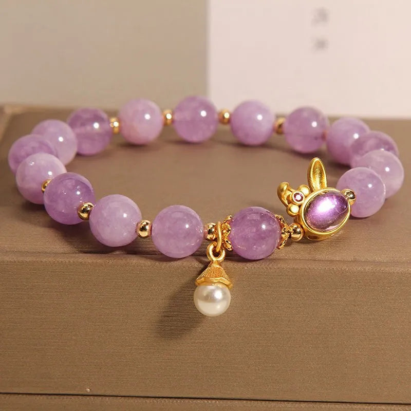 Natural mauve jade crystal rabbit bracelet with hare head charm on crystal beads, mori style, 18cm length