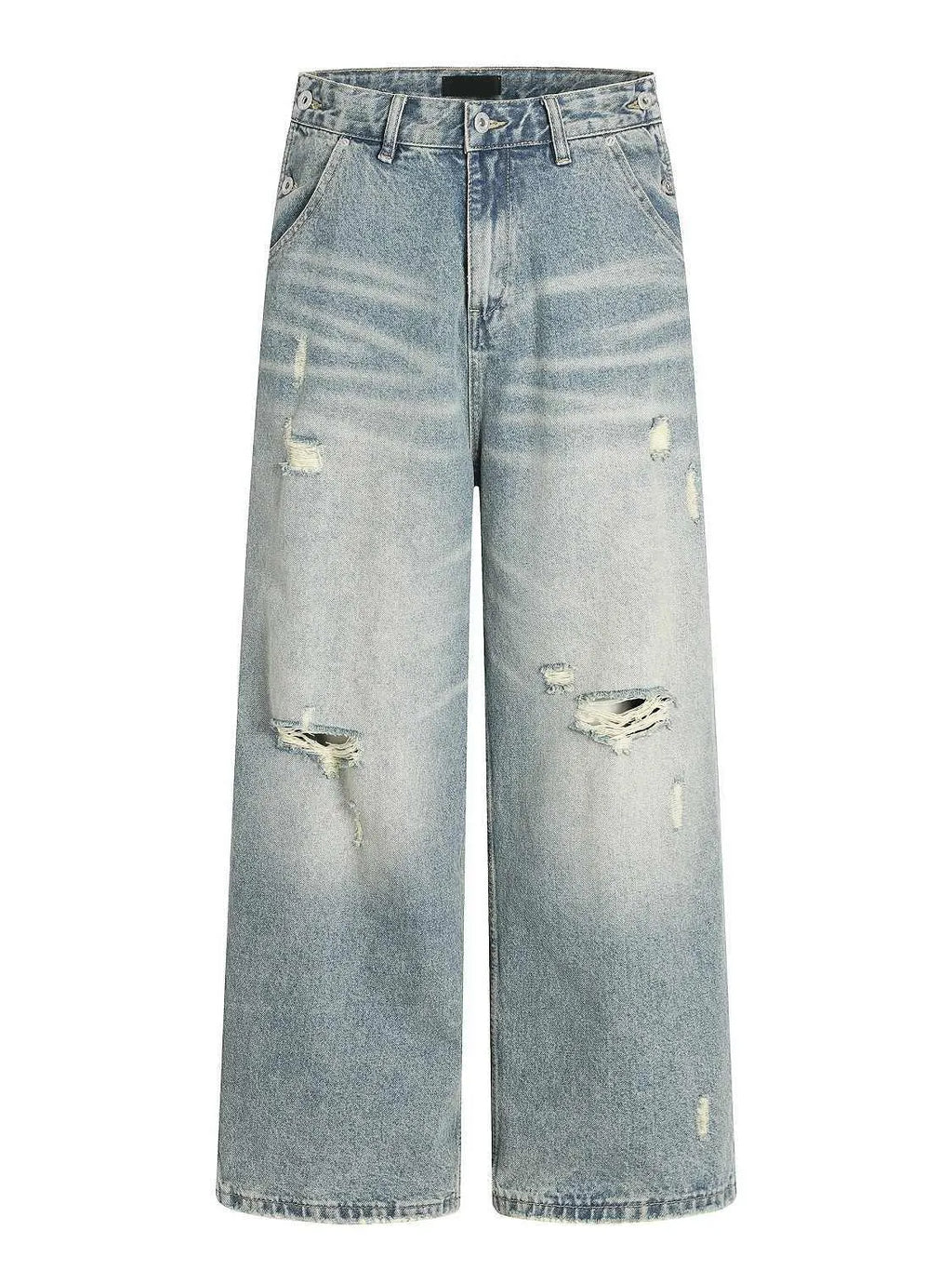 Water washed hole jeans in retro blue with loose straight leg and zip fly for women