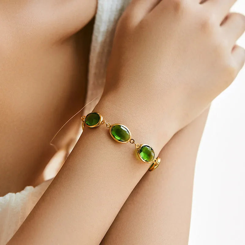Geometric women's copper bracelet with glass inlay in blue, green, and multicolor options
