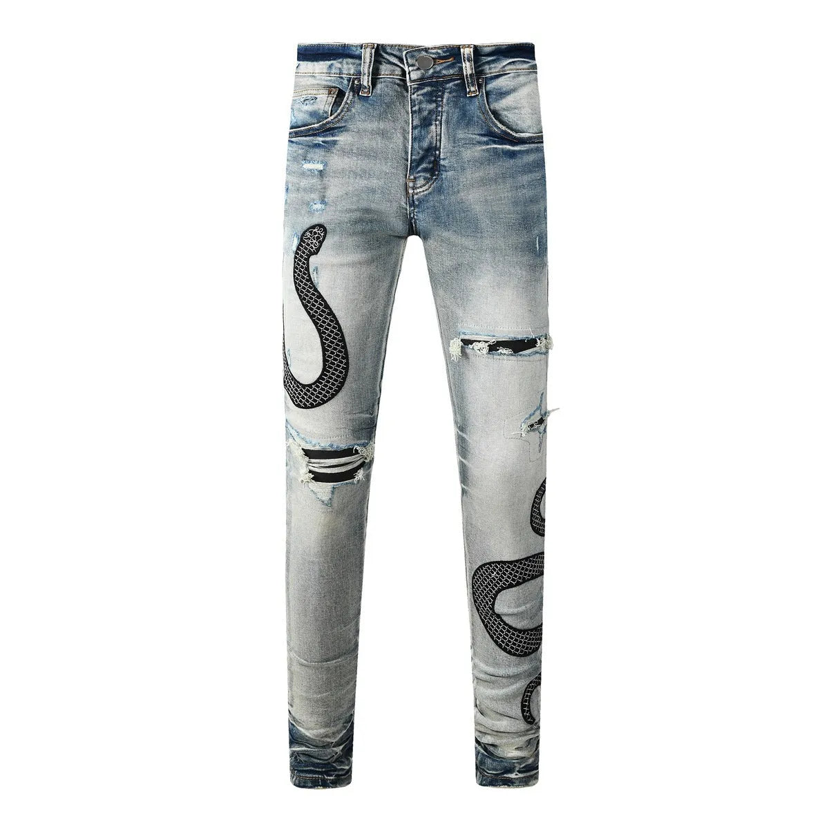 Distressed skinny jeans in mid-wash blue with street fashion styling and micro elasticity cotton fabric