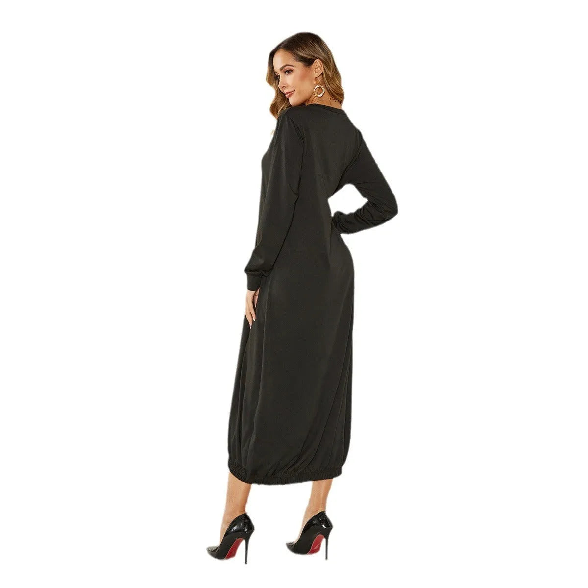 Loose fit lace-up crew neck lantern dress in black with Japanese Korean casual style