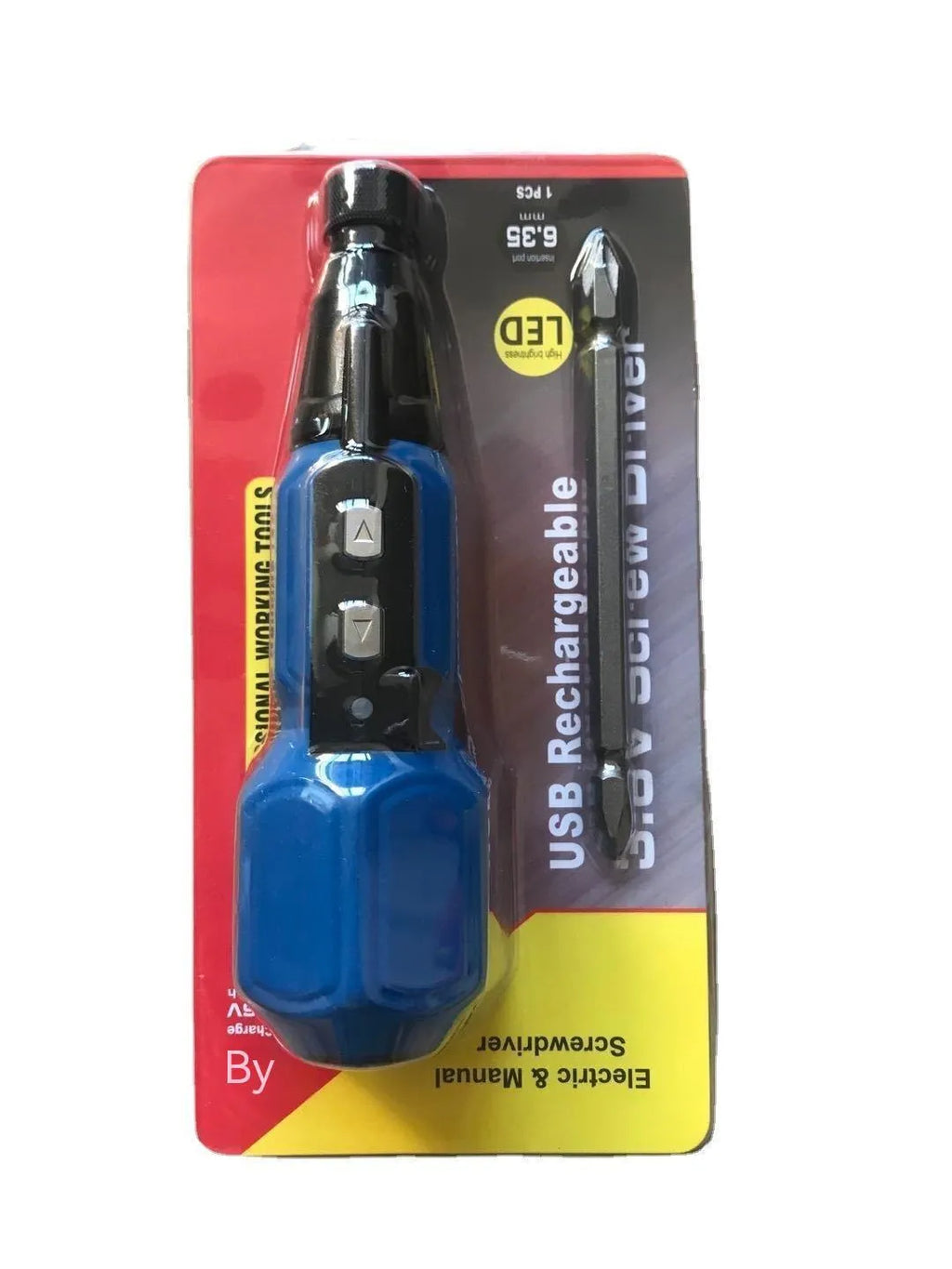 Black and blue alloy steel straight-handle cordless electric screwdriver on a workbench.