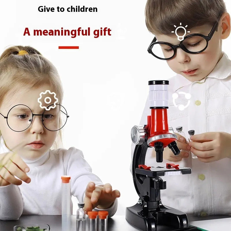Children's plastic microscope toy with 1200x HD lens, prepared specimen slides, and mobile phone holder on a white background