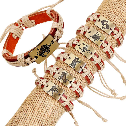 12 constellation alloy bracelet set with braided hemp rope and copper leather in vintage style, twelve colours