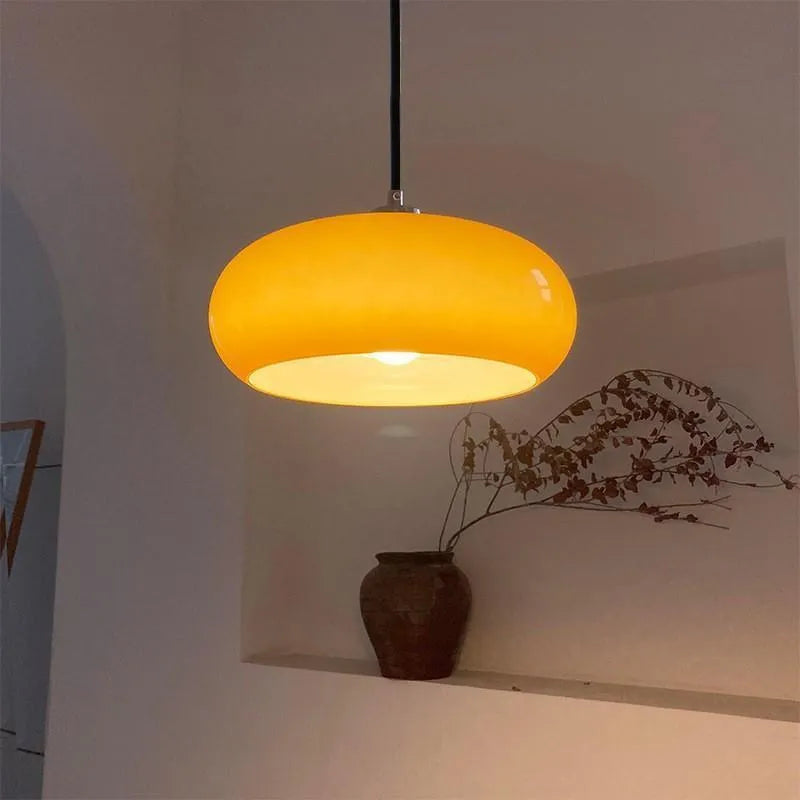 Bauhaus style three headed egg tart pendant light with glass shades in milky white finish
