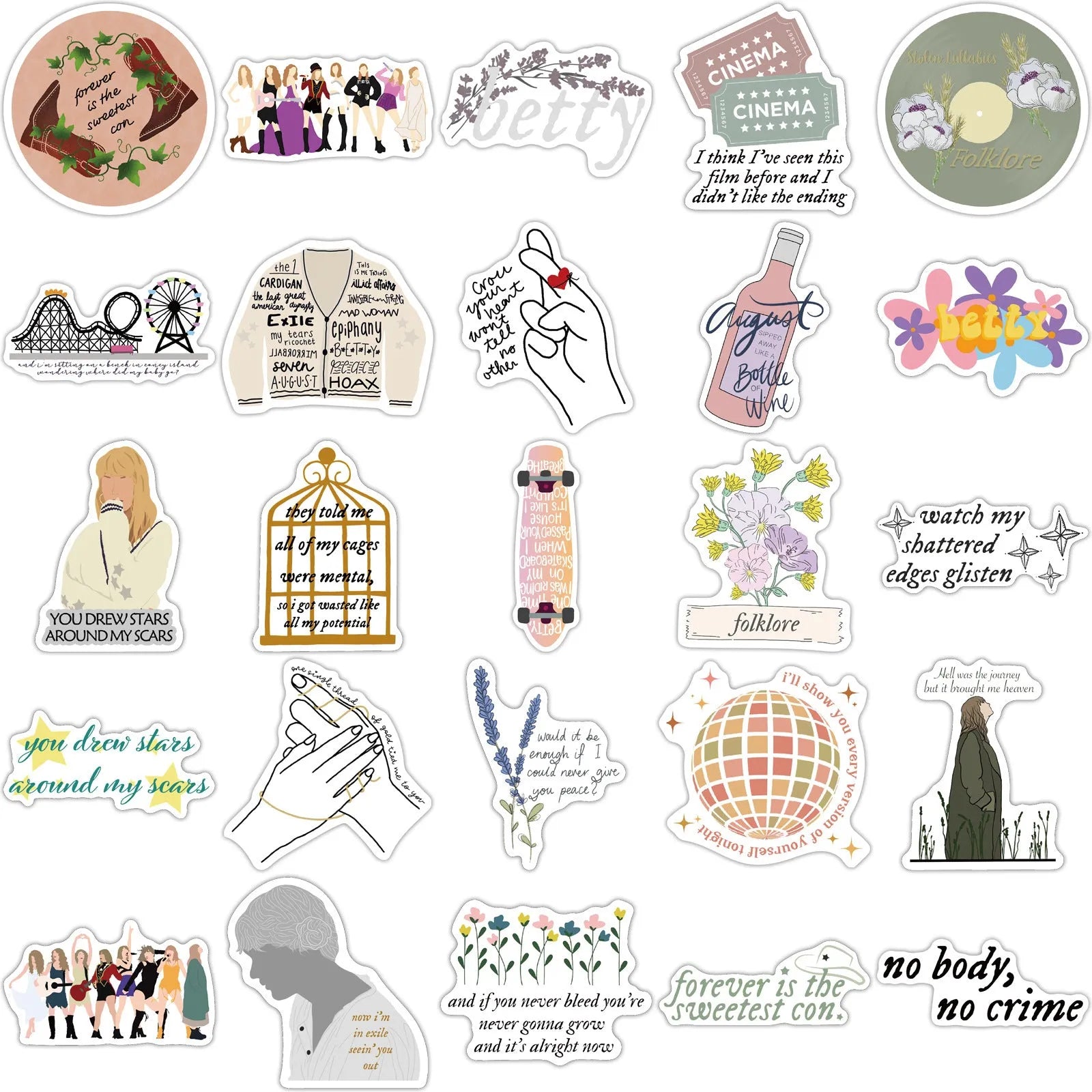 50-pack of waterproof cartoon and graffiti stickers for luggage and notebooks, each 4-6cm long.
