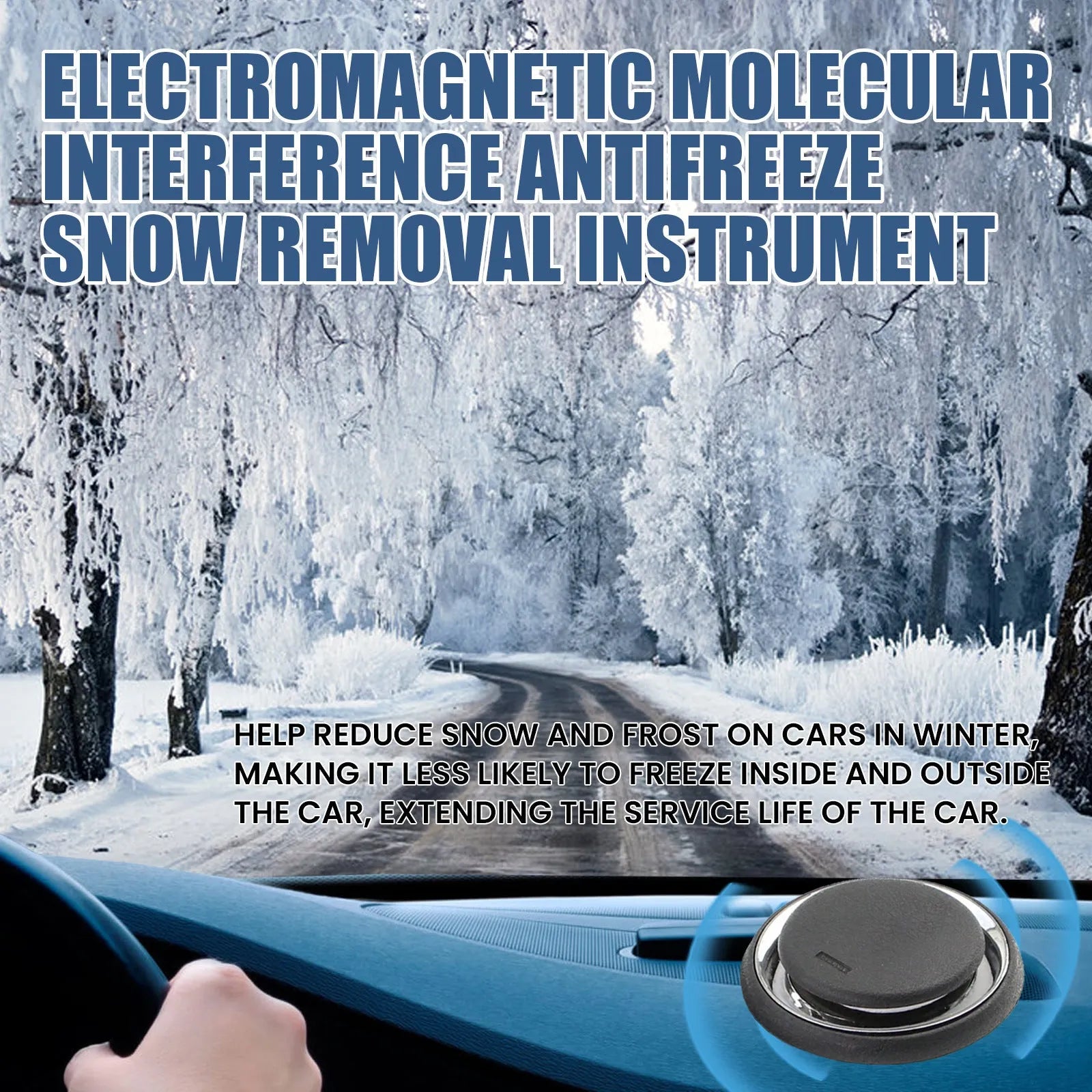Black portable car deicing instrument measuring 7.4x7.4x1.6cm for melting snow and ice on vehicle windscreens