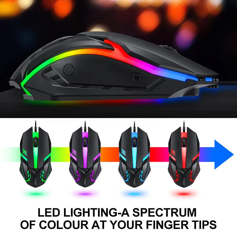 Thunder Wolf gaming keyboard and mouse set with RGB lighting, headset, and large mouse pad