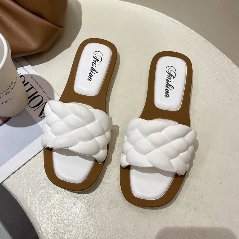 Women's plaid pattern sandals with thick PVC anti-skid sole in white, shown from the side.