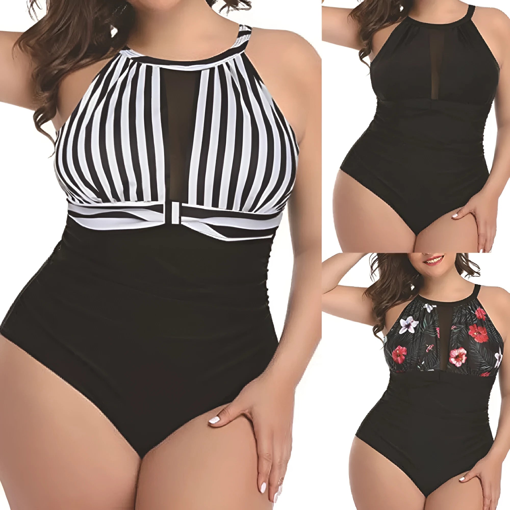 Women's black one-piece swimsuit with lace detailing on display, showing European and American sizing.
