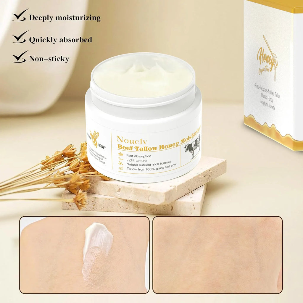 50g jar of honey tallow moisturising cream for dry skin with cow fat and honey ingredients